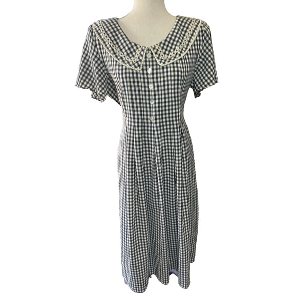 Vtg 80s Black White Gingham Prairie Dress Peter Pan Collar 10/12 Petite Modest - Picture 2 of 10